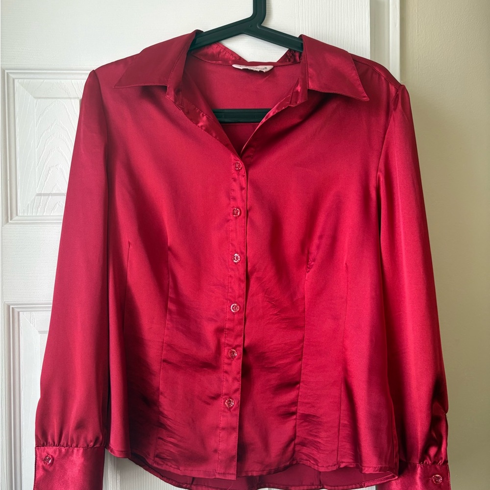 Jessica Petite Red Satin Button Down Shirt